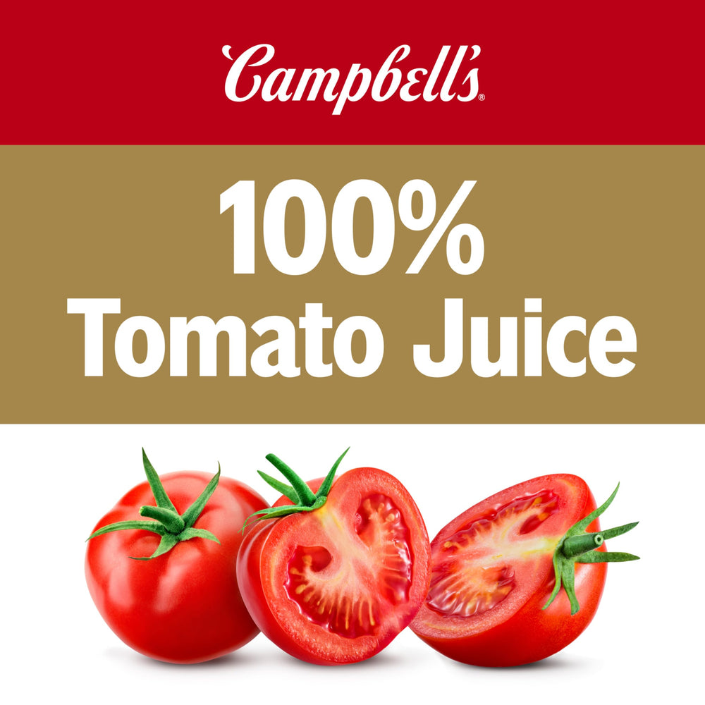 Close-up of Campbell's Low Sodium Tomato Juice label highlighting tomatoes