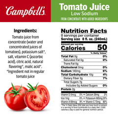 Pouring Campbell's Low Sodium Tomato Juice into a glass for a refreshing drink