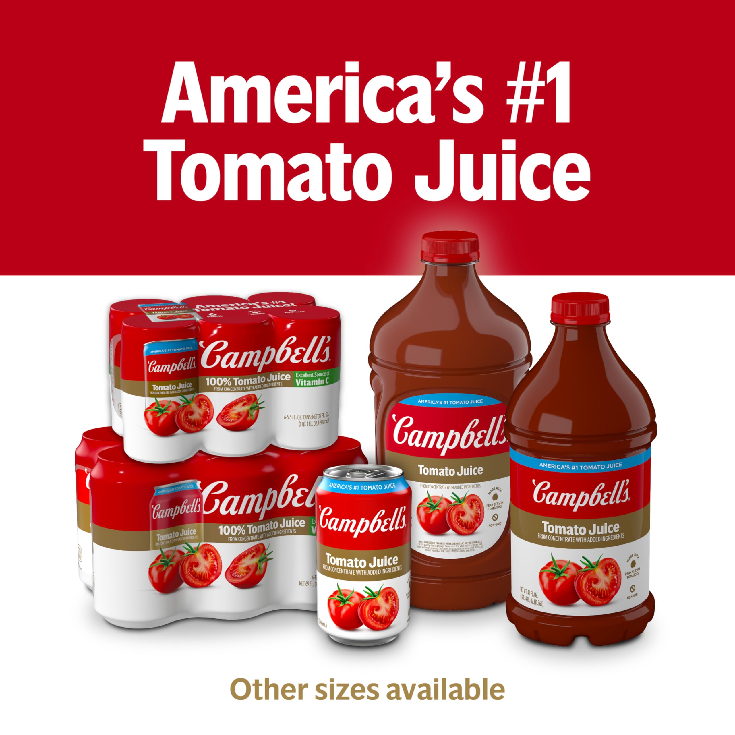 Six-pack of Campbell's Low Sodium Tomato Juice bottles ready for the fridge