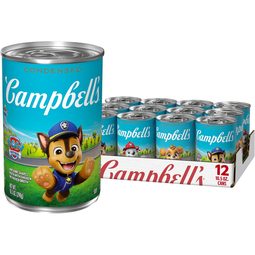 Campbell's Paw Patrol soup cans in a 12-pack for quick meals