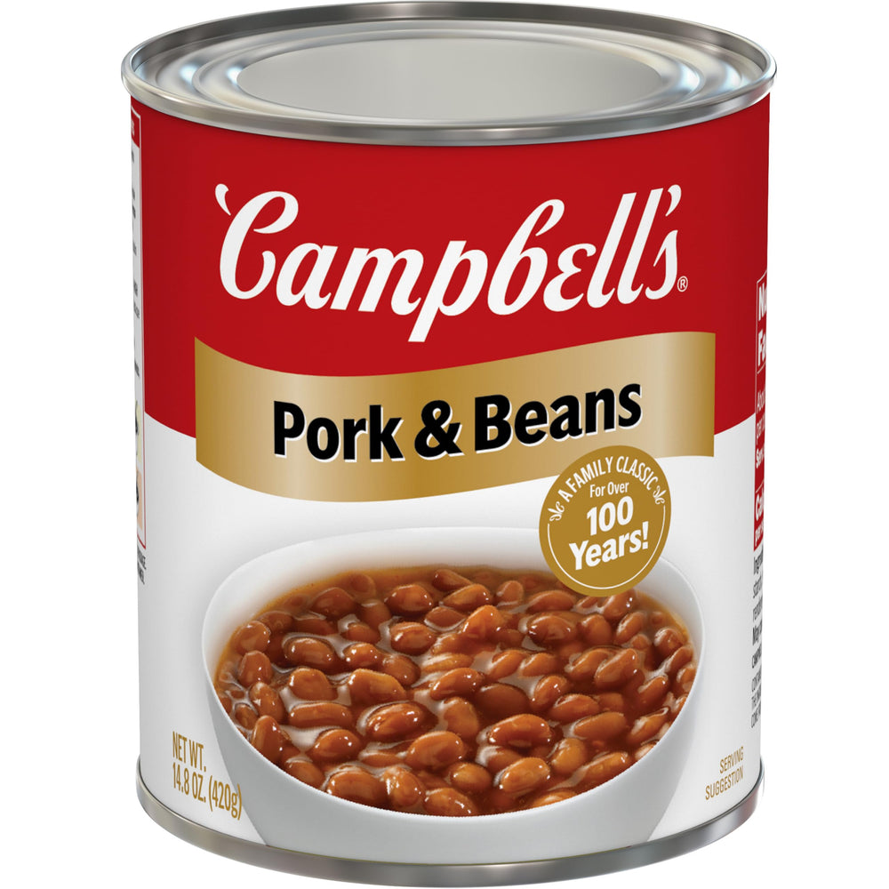 Campbell's Pork and Beans can front view, hearty and ready to heat for a quick dinner.