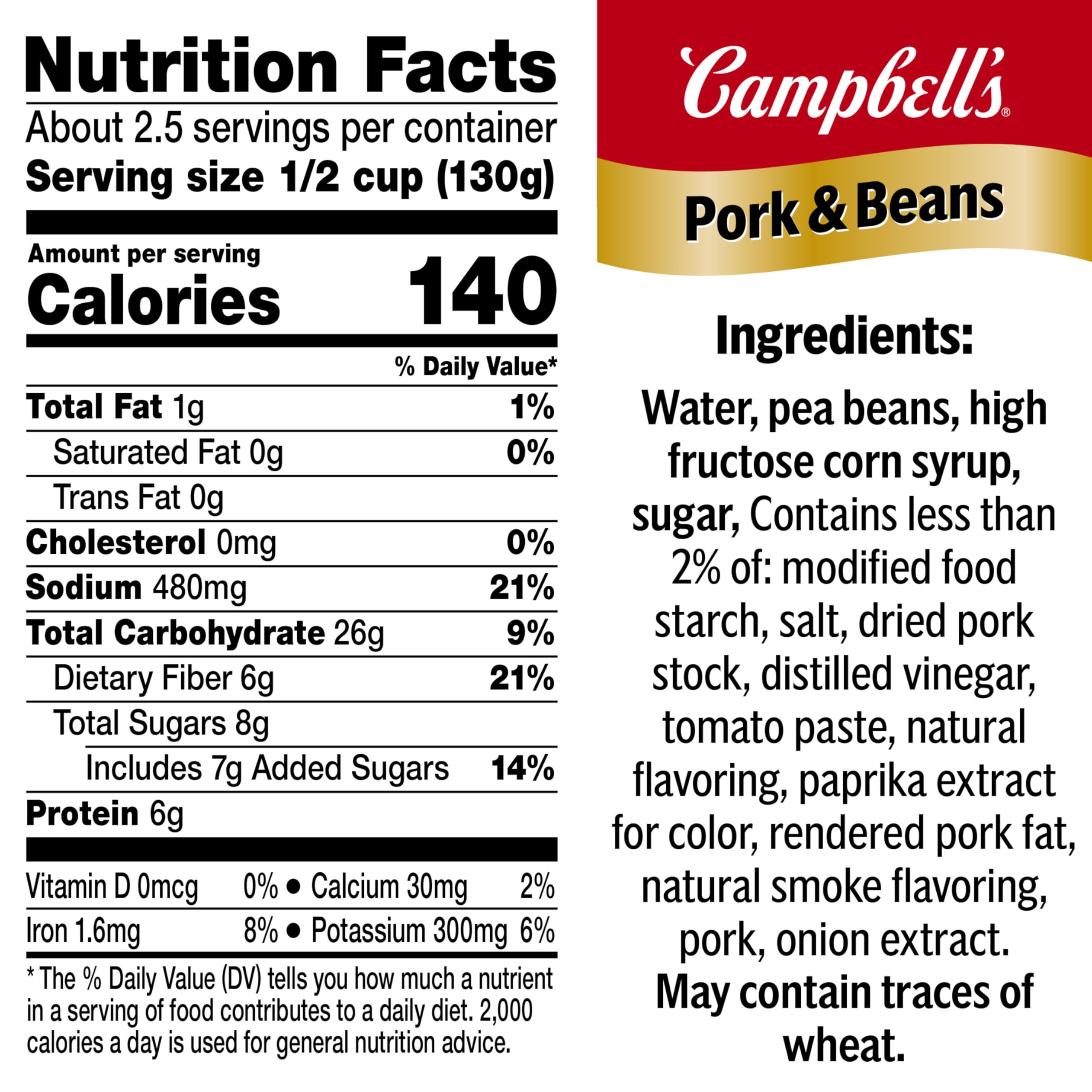 Campbell's Pork and Beans ingredients panel; tomato-based sauce with flavorful blend.