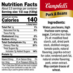 Campbell's Pork and Beans ingredients panel; tomato-based sauce with flavorful blend.