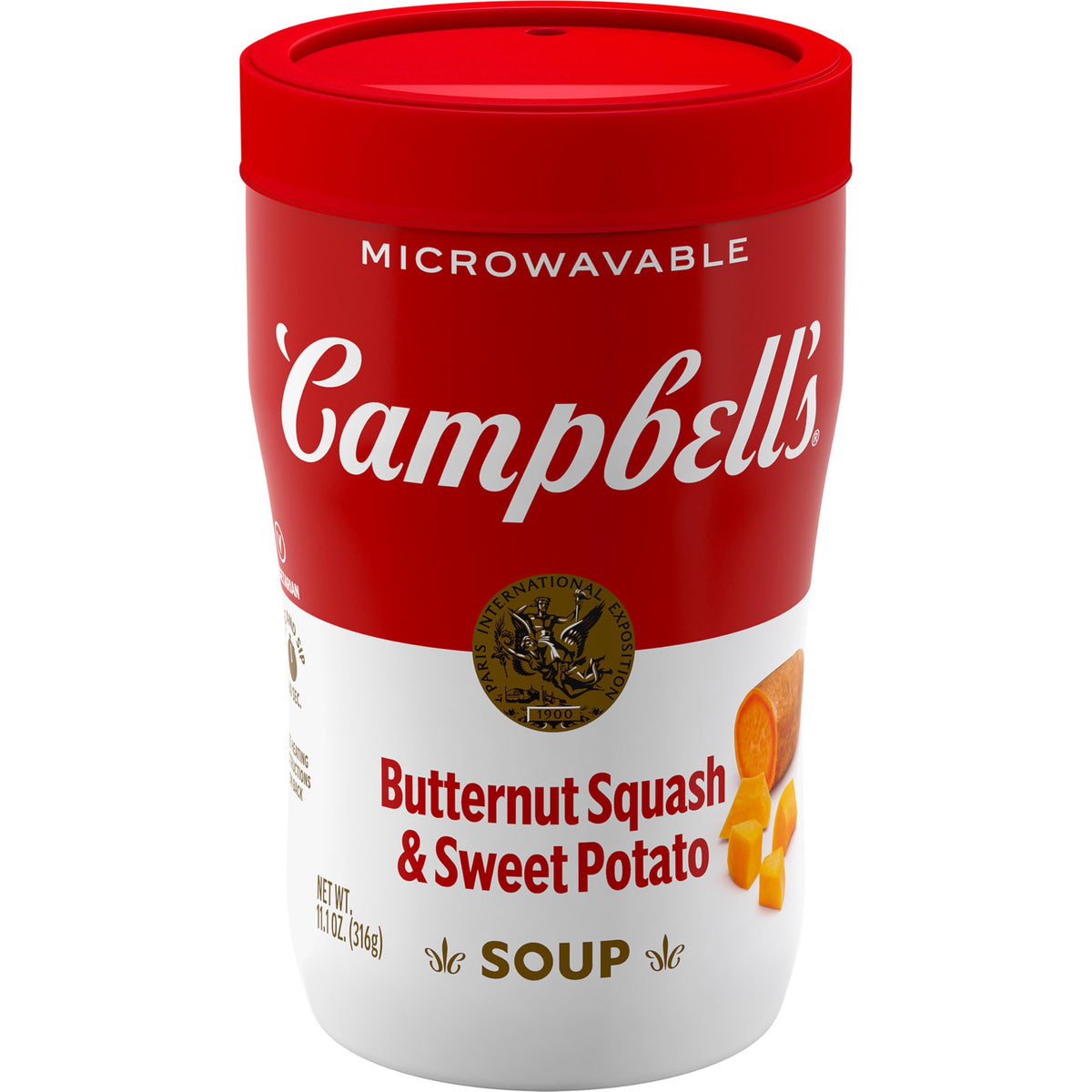 Campbell’s Sipping Soup cup close-up with creamy vegetable texture for on-the-go comfort.