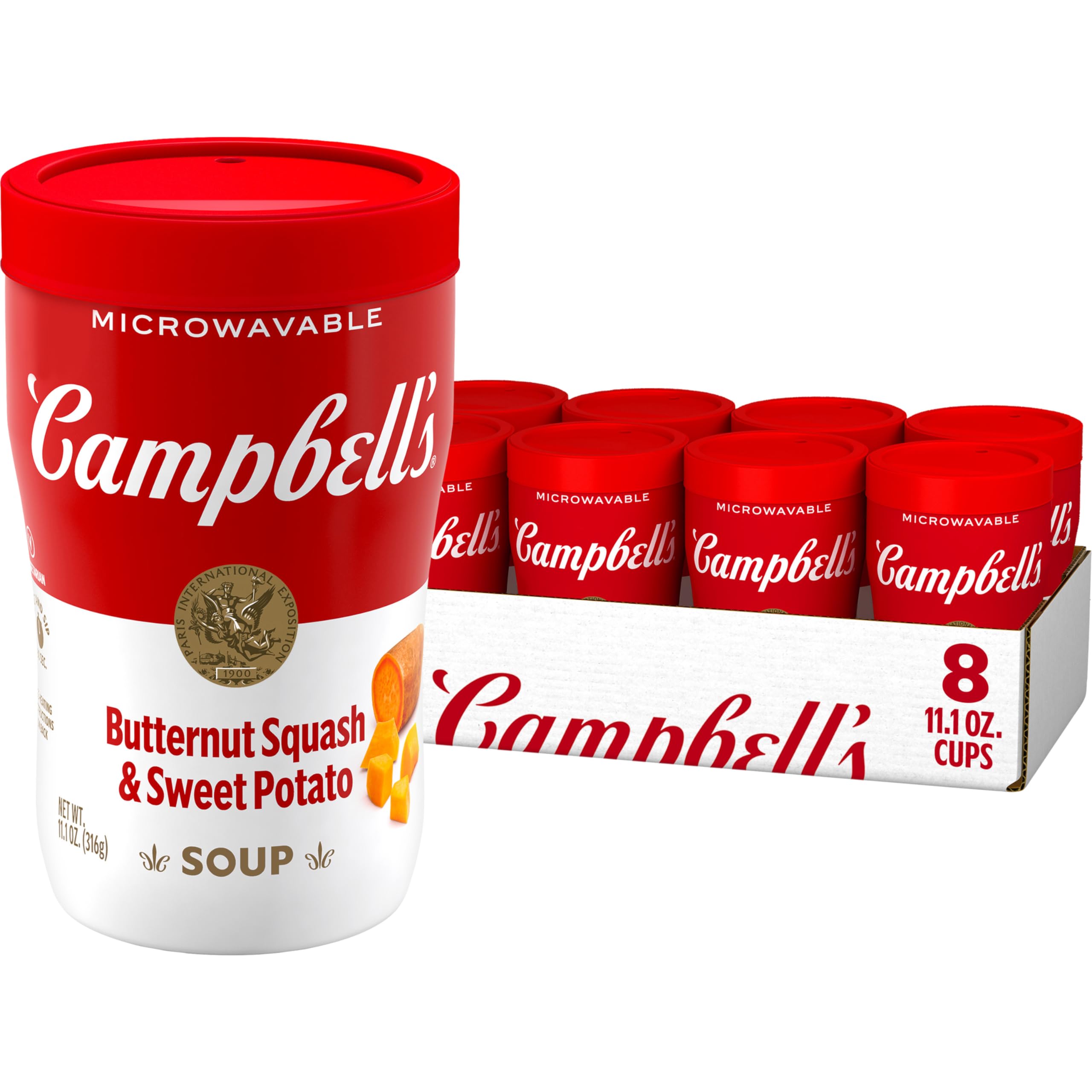 Campbell's Sipping Soup cup with butternut squash and sweet potato for a comforting on-the-go snack.