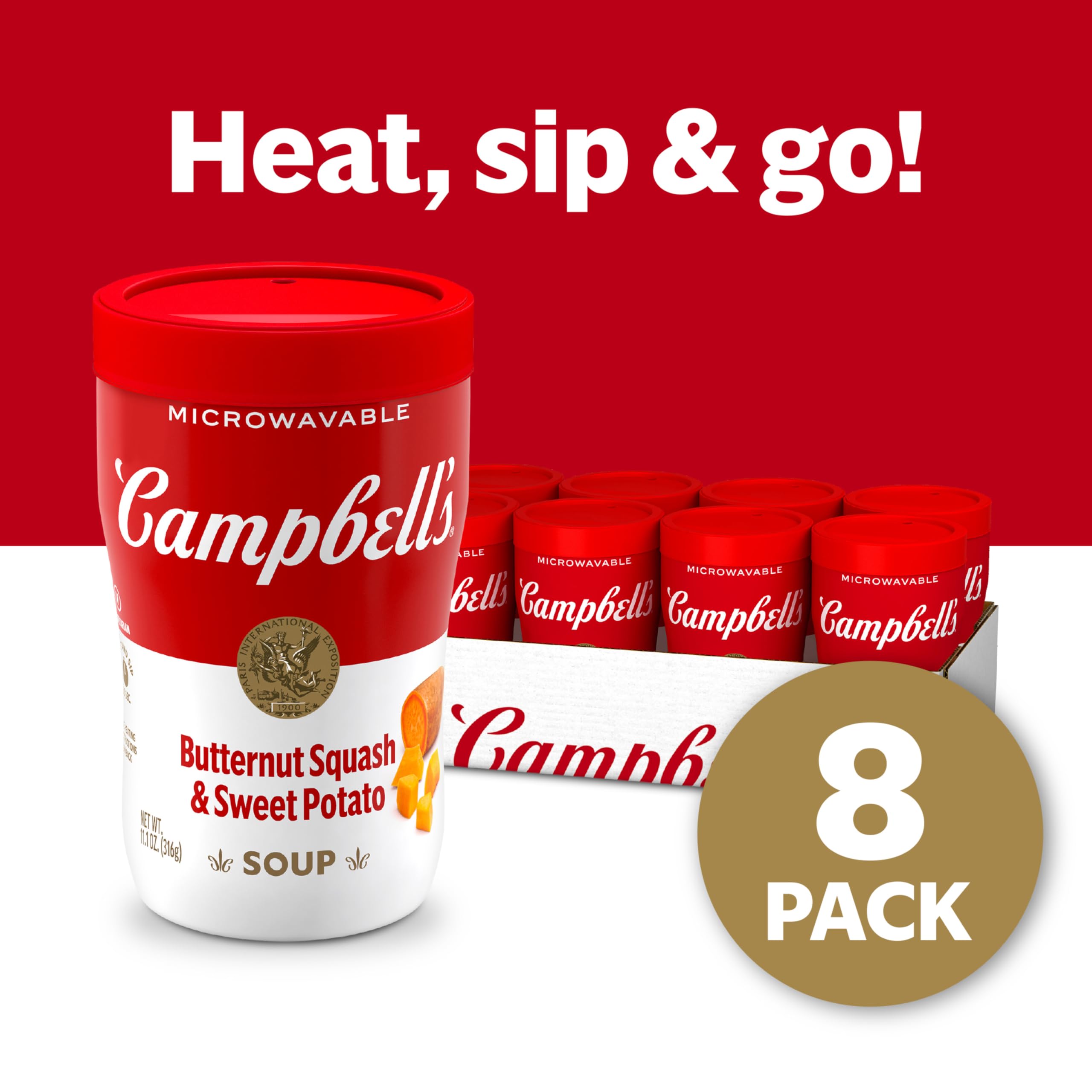 Campbell's Sipping Soup cup steaming after one-minute microwave.