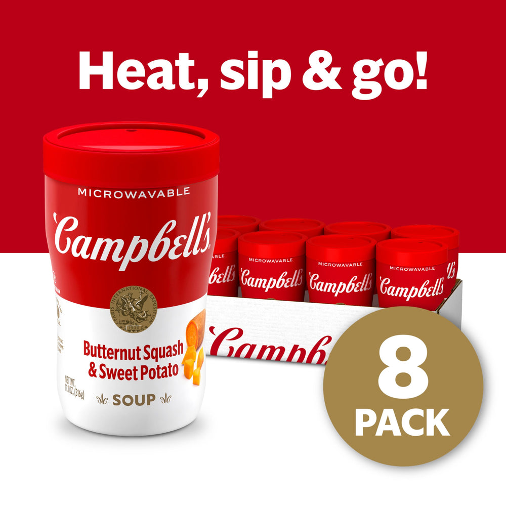 Campbell's Sipping Soup cup steaming after one-minute microwave.