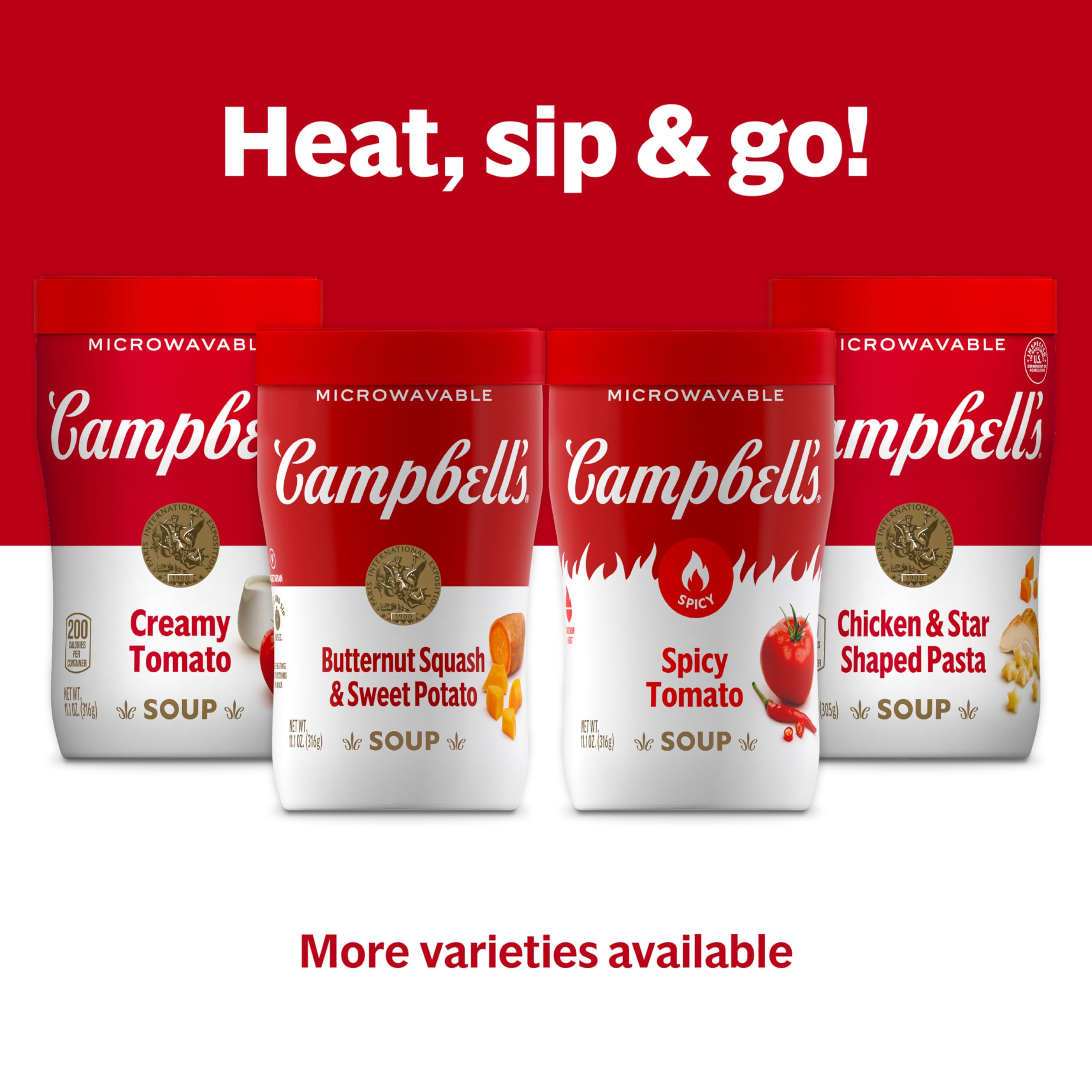 Campbell's Sipping Soup Spicy Tomato label highlights vegetarian, vegan friendly ingredients.