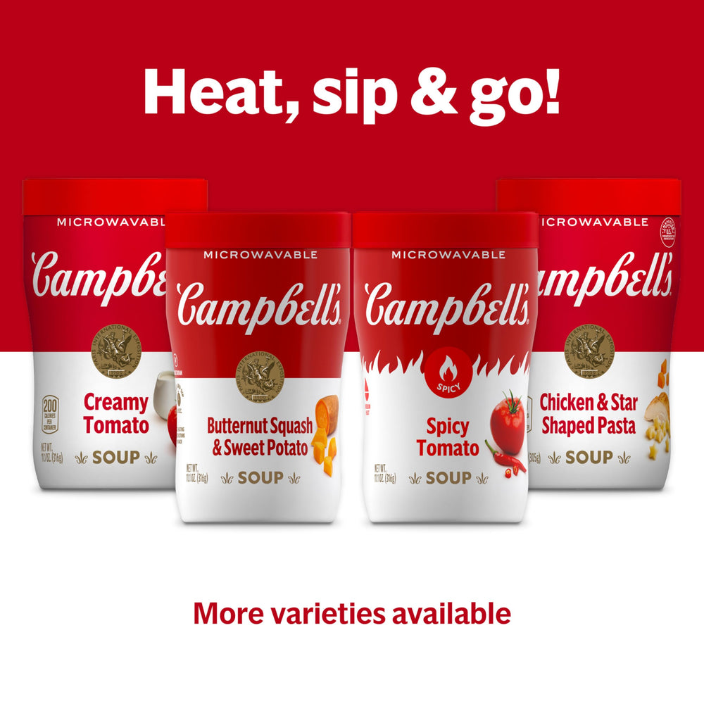 Campbell's Sipping Soup Spicy Tomato label highlights vegetarian, vegan friendly ingredients.
