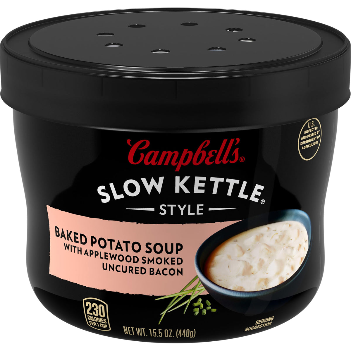 Campbell's Slow Kettle baked potato soup bowl front view shows rich, creamy texture for cozy meals.