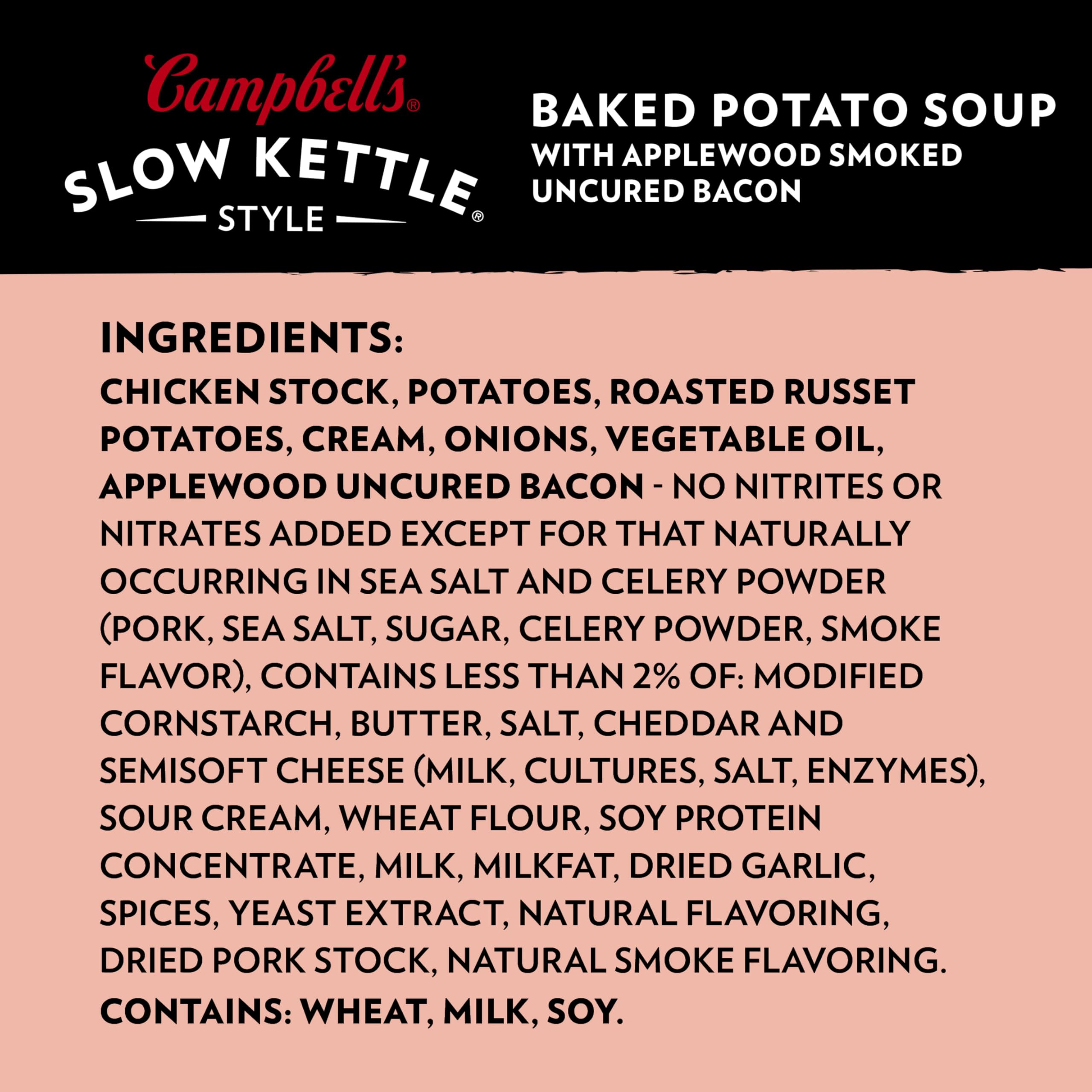 Campbell's Slow Kettle baked potato soup ingredients close-up featuring bacon.