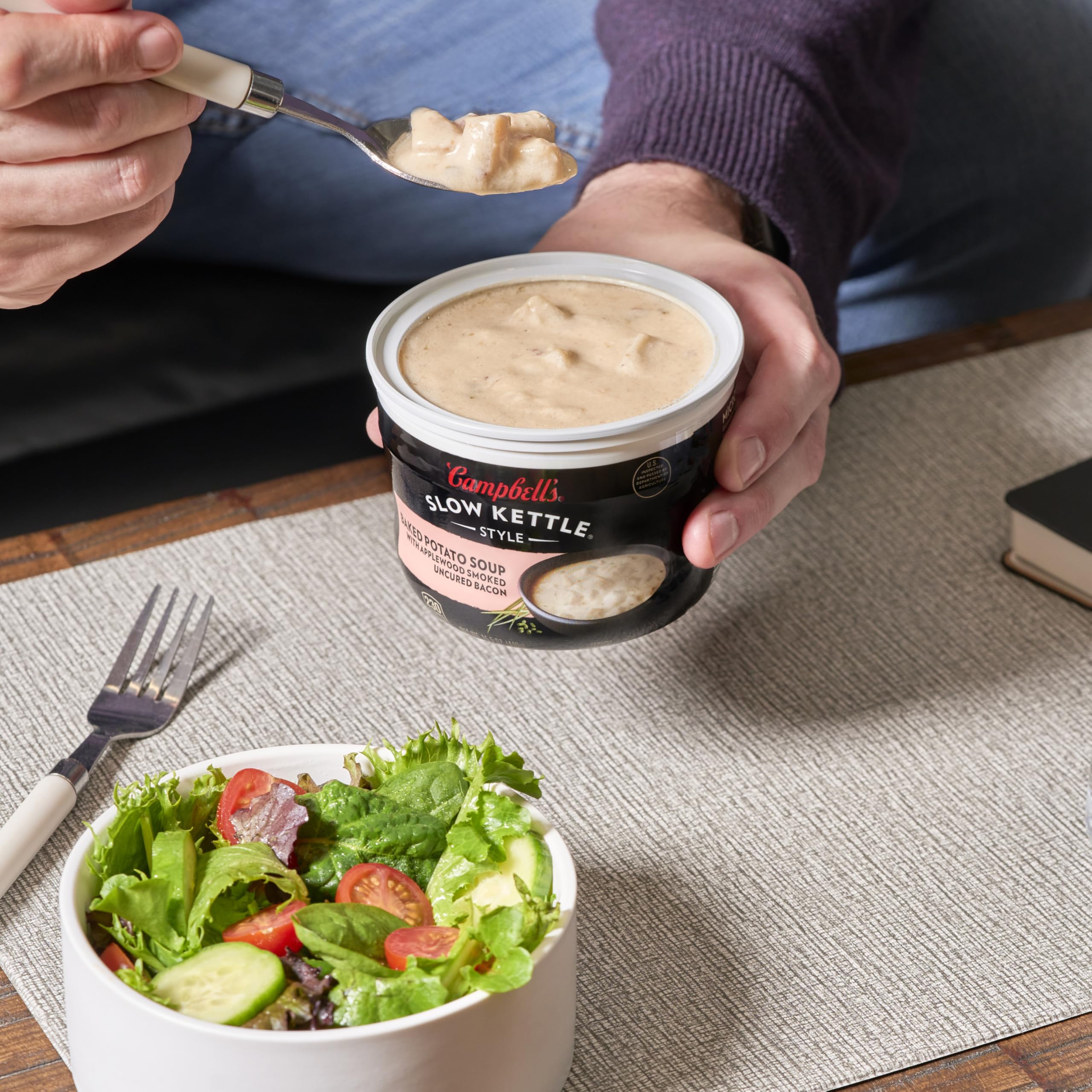 Campbell's Slow Kettle steaming bowl showcases comforting aroma and heat.