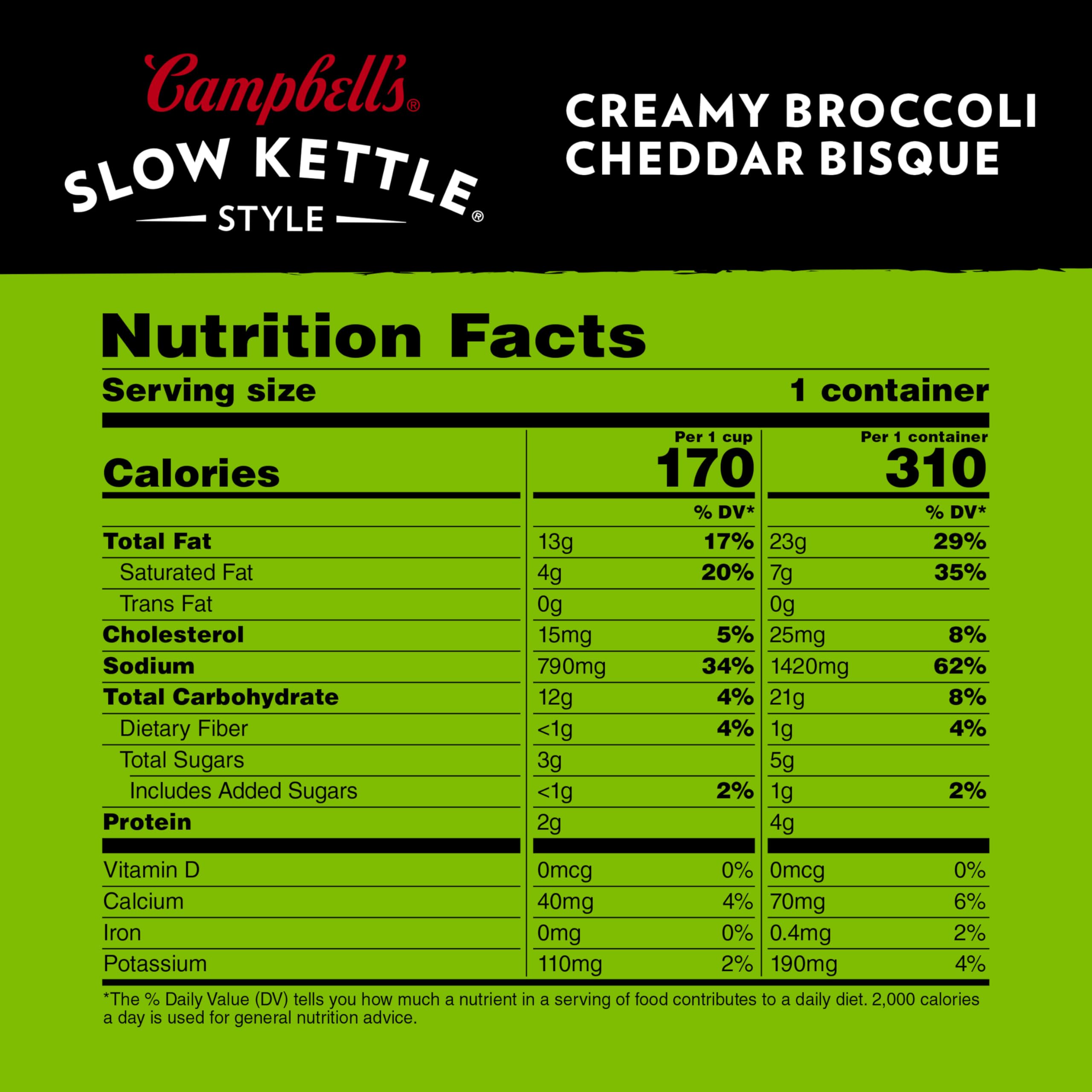 Close-up of broccoli and cheddar in Campbell's Slow Kettle bisque, rich and inviting.
