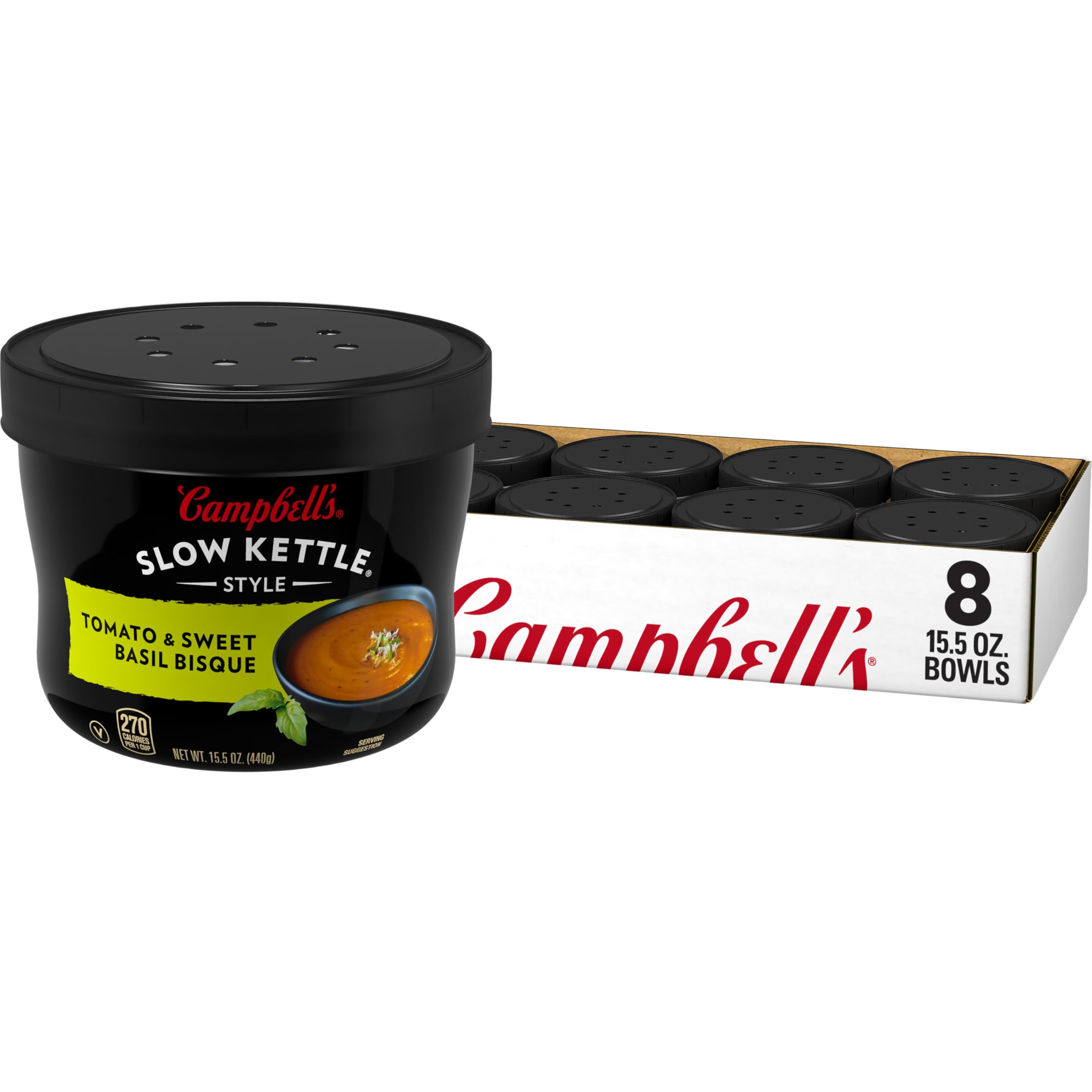 Campbell's Slow Kettle Tomato and Sweet Basil Bisque bowl close-up for comforting meals.