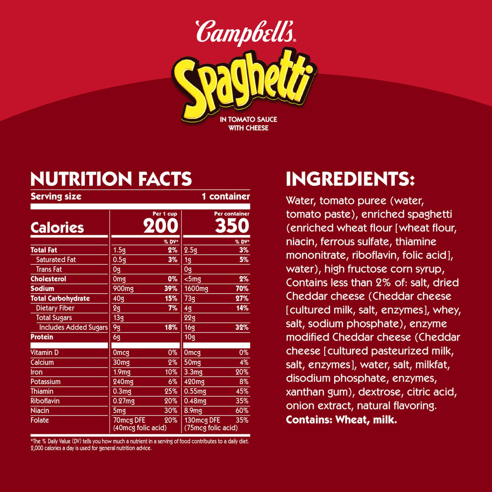 Campbell's Spaghetti in Tomato Sauce with Cheese label close-up, signaling a classic cheese-tavored sauce.