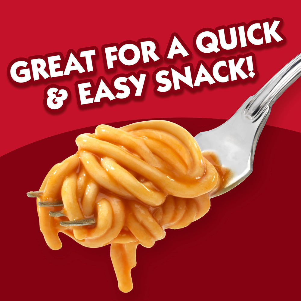 Campbell's spaghetti plated with sauce, kid-friendly comfort.