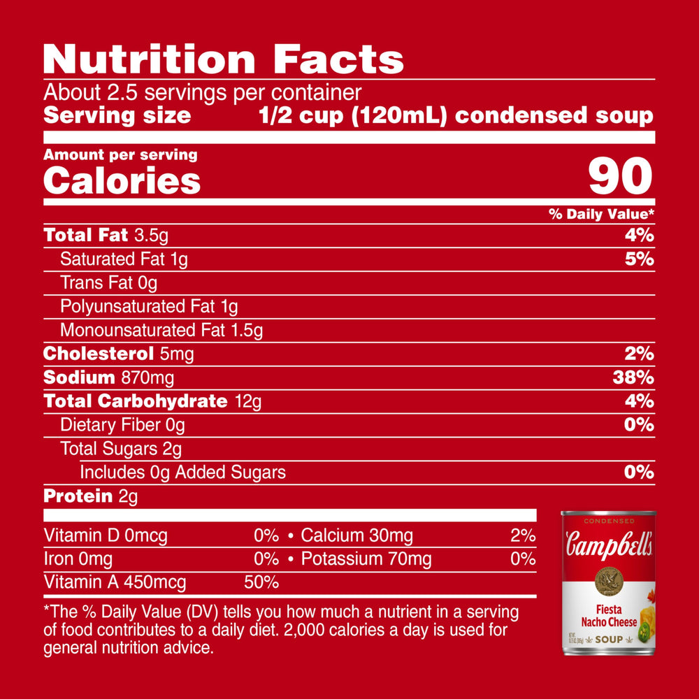 Campbell's Spicy Nacho Cheese Soup ingredients reveal cheddar and peppers for bold flavor.