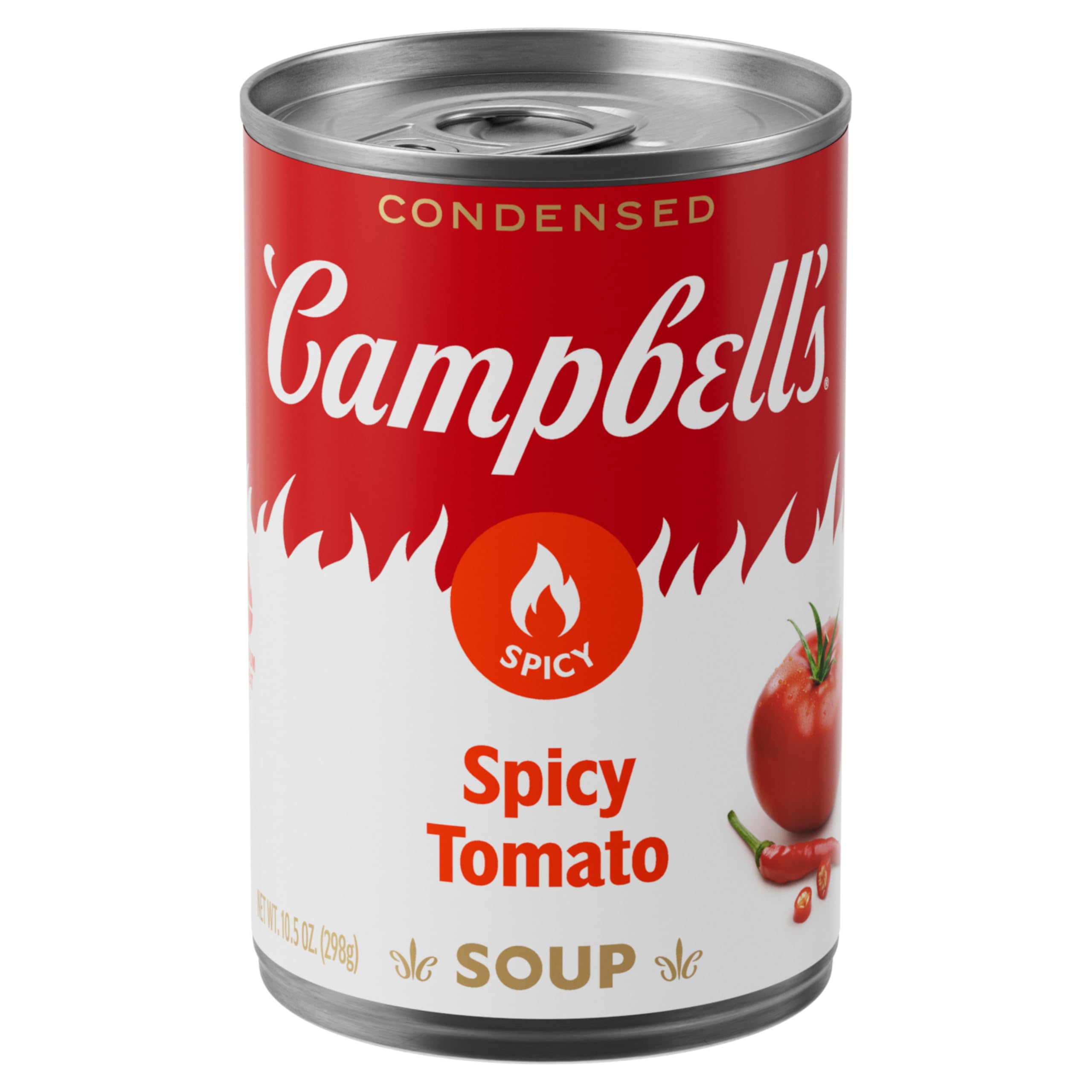 Campbell's Spicy Tomato Soup can on a shelf, a comforting option for quick meals.