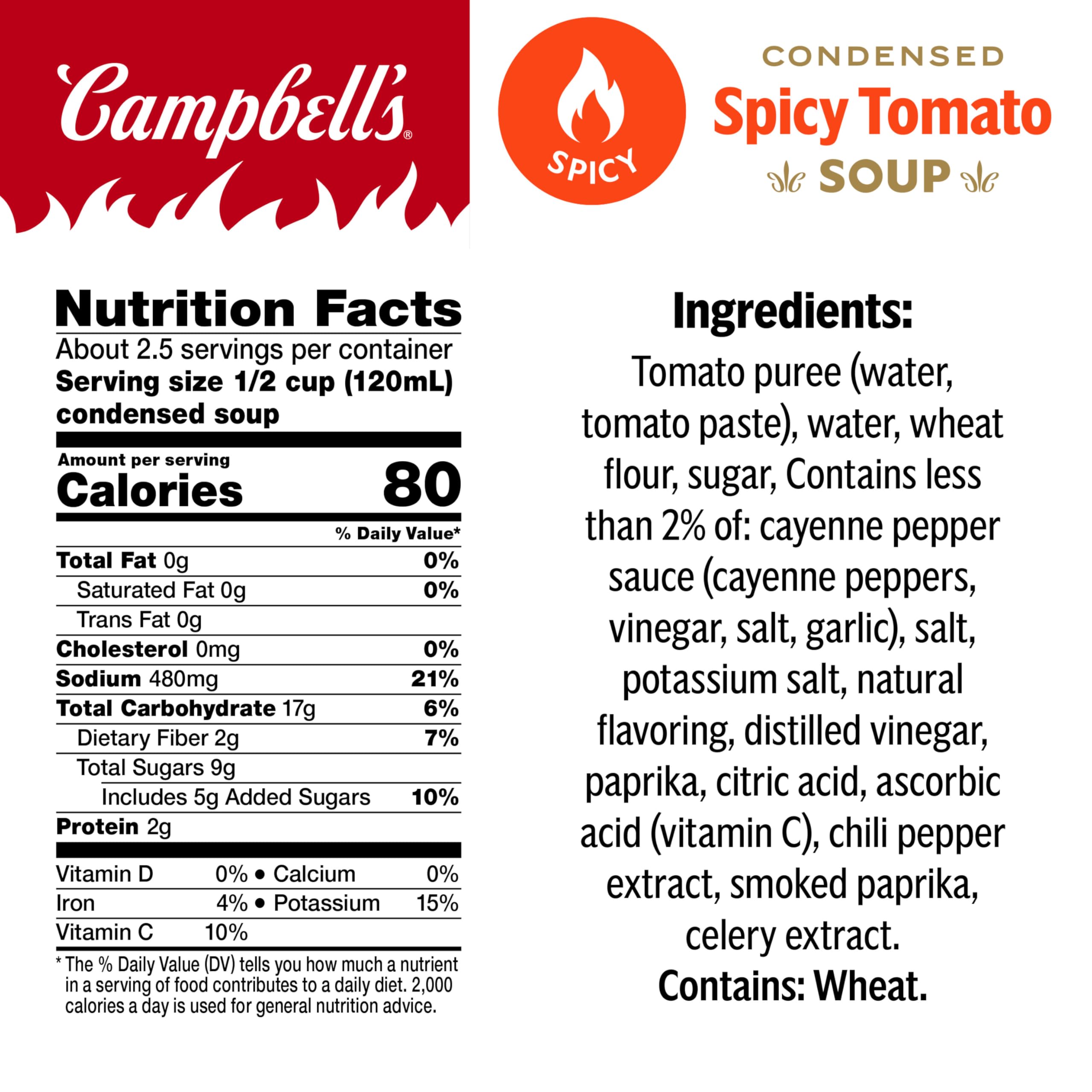 Campbell's Spicy Tomato Soup label close-up highlighting tomatoes and cayenne for mild heat.