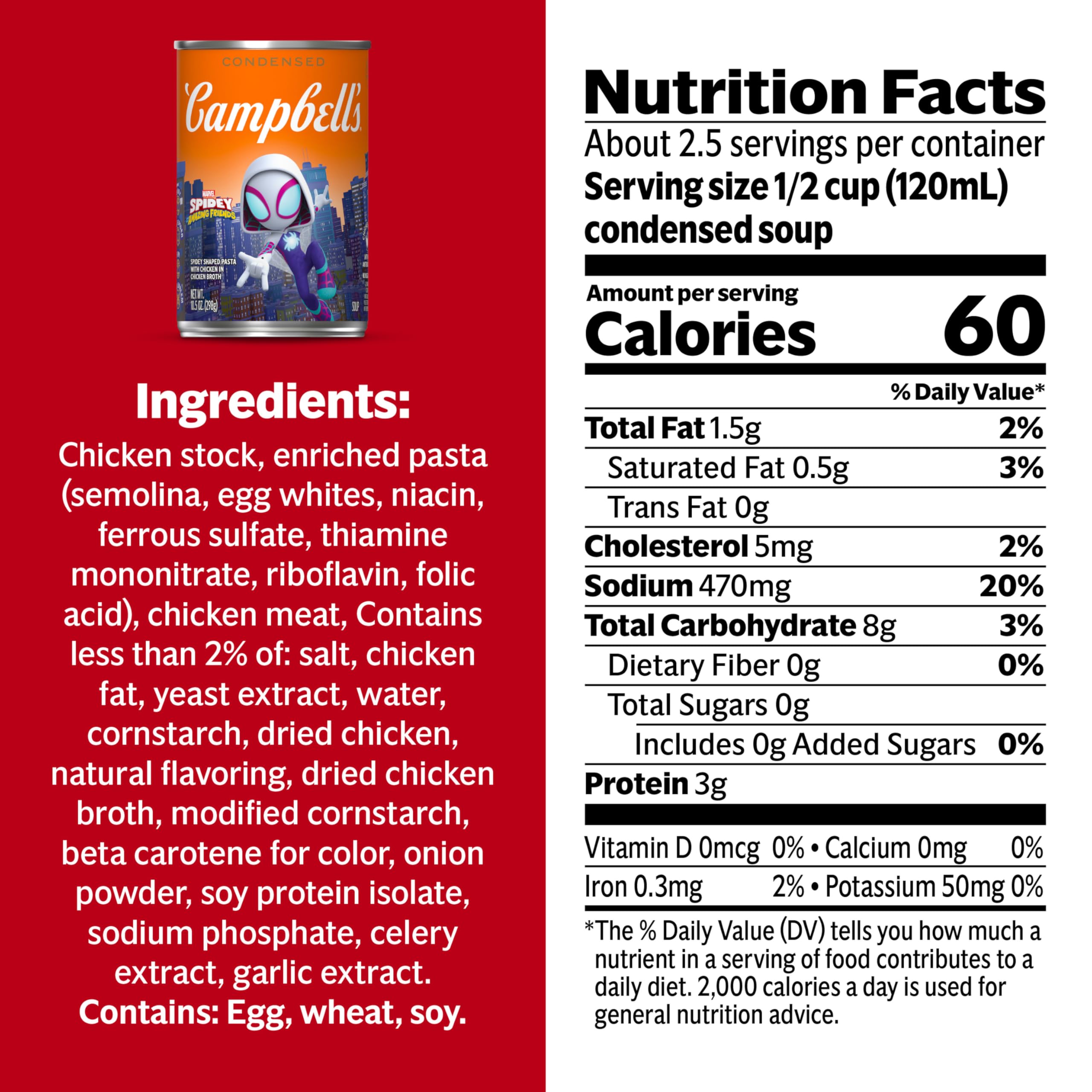 Spidey pasta shapes in Campbell's chicken broth create a playful meal option