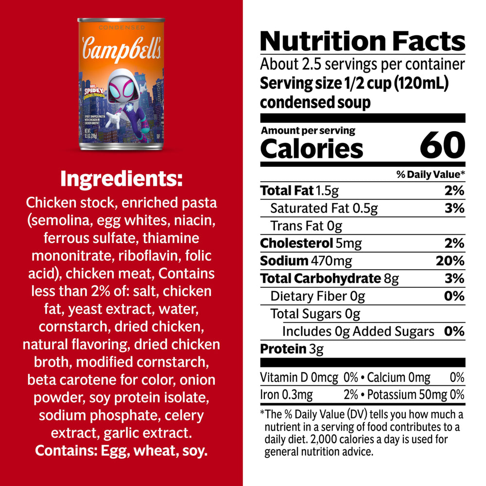 Spidey pasta shapes in Campbell's chicken broth create a playful meal option