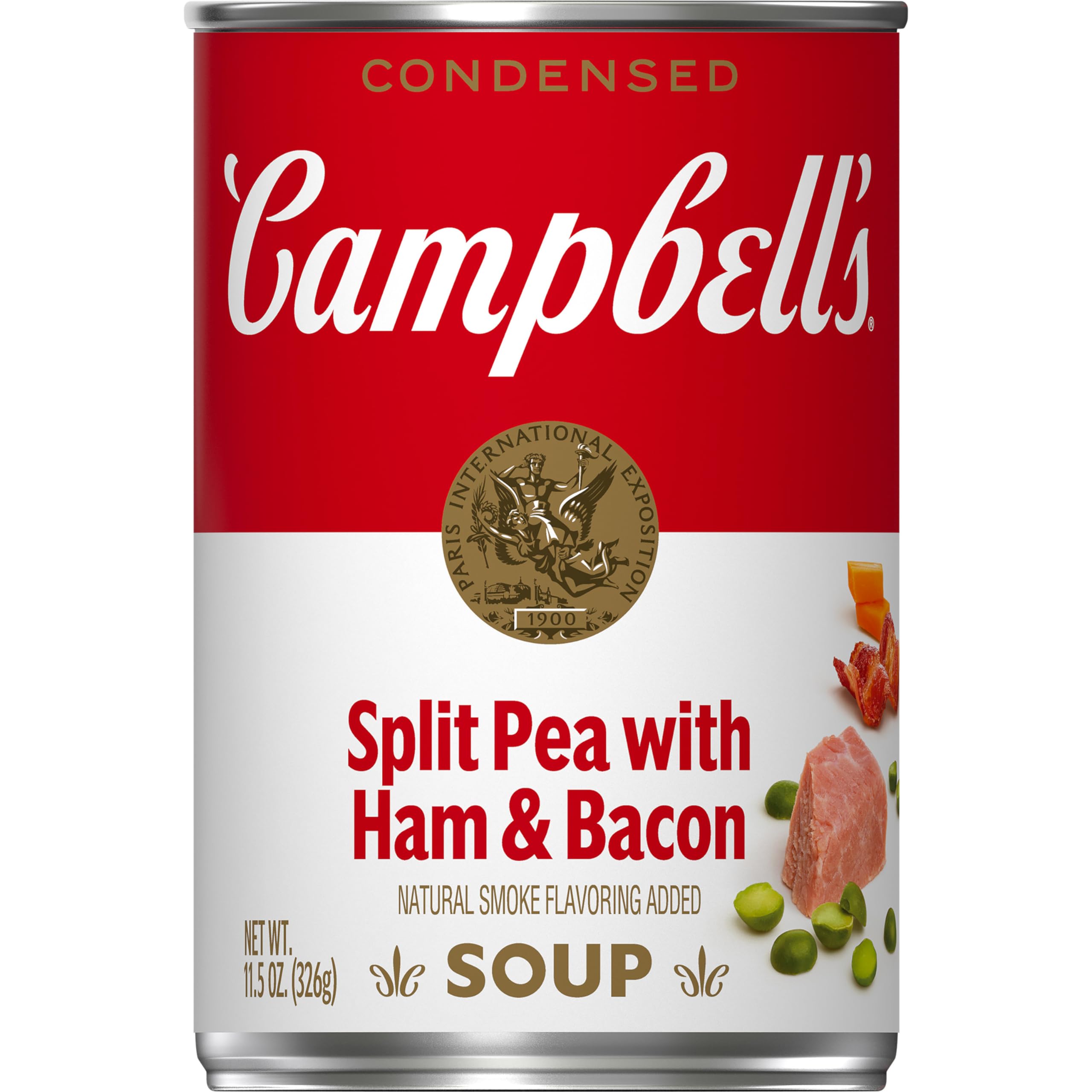 Campbell's Split Pea Soup with Ham and Bacon can, hearty pantry staple.
