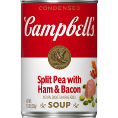 Campbell's Split Pea Soup with Ham and Bacon can, hearty pantry staple.