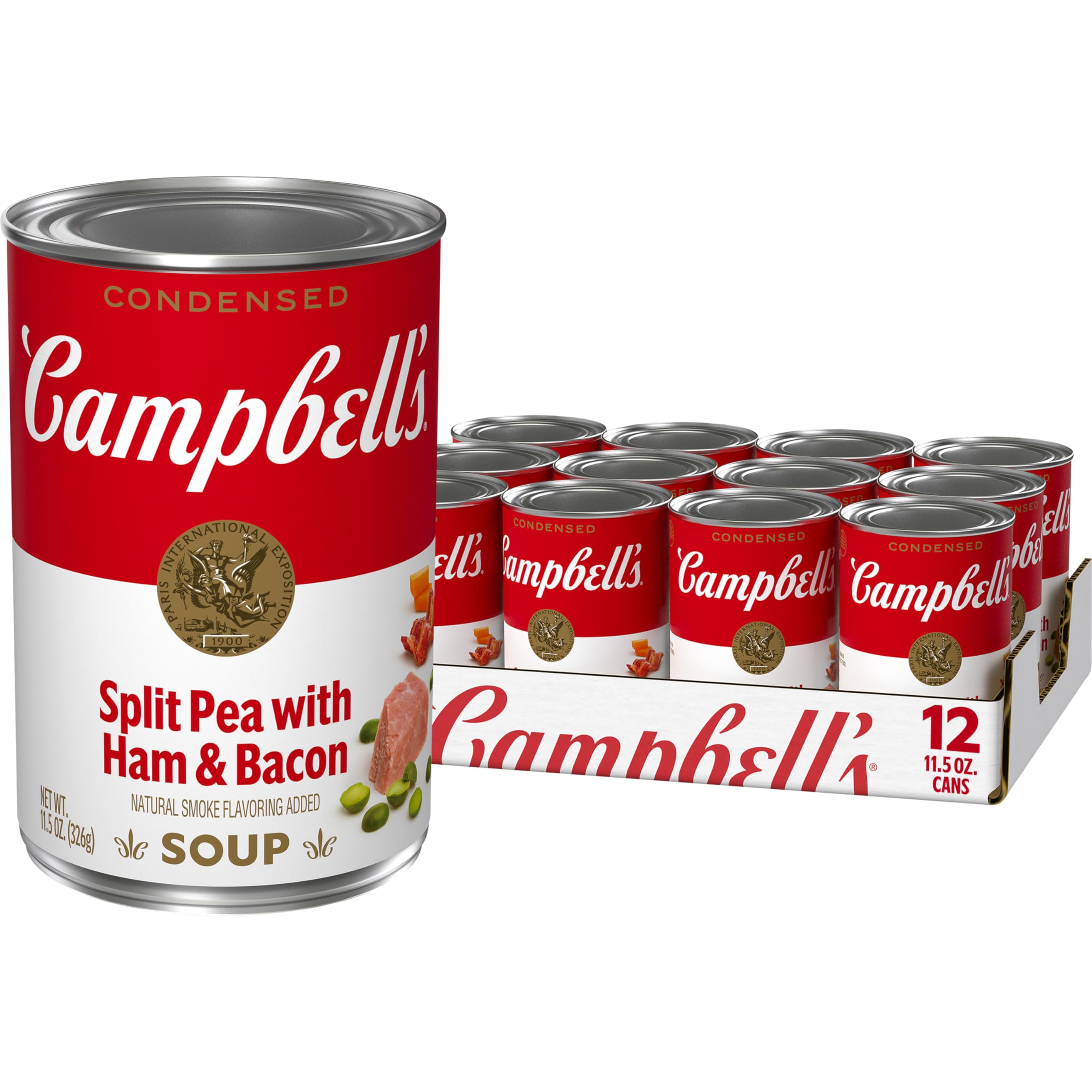 Campbell's Split Pea with Ham soup can shown for quick comforting meals.