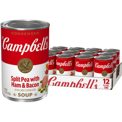 Campbell's Split Pea with Ham soup can shown for quick comforting meals.