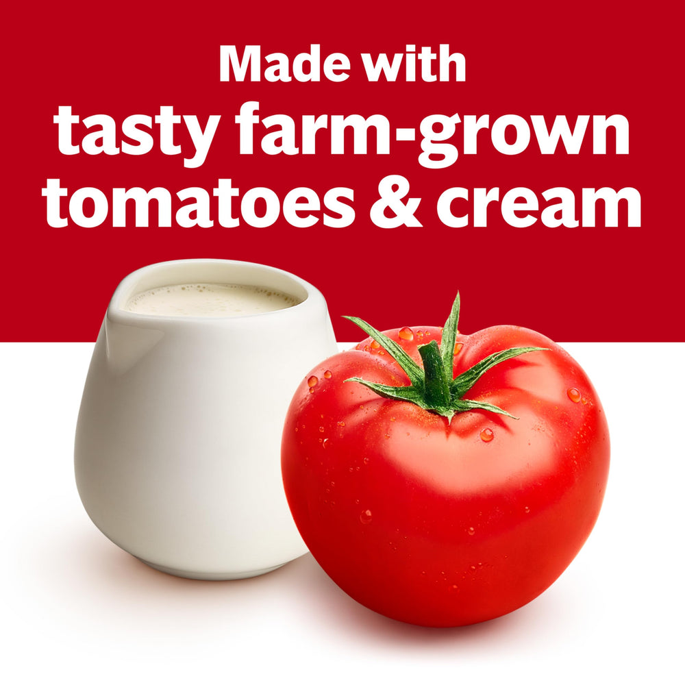 Campbell's Tomato Bisque with oyster crackers, ideal for quick, satisfying lunch or snack.