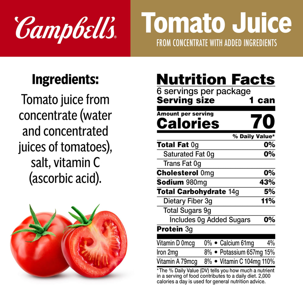 Campbell's tomato juice 24-pack box emphasizes easy, on-the-go nutrition.