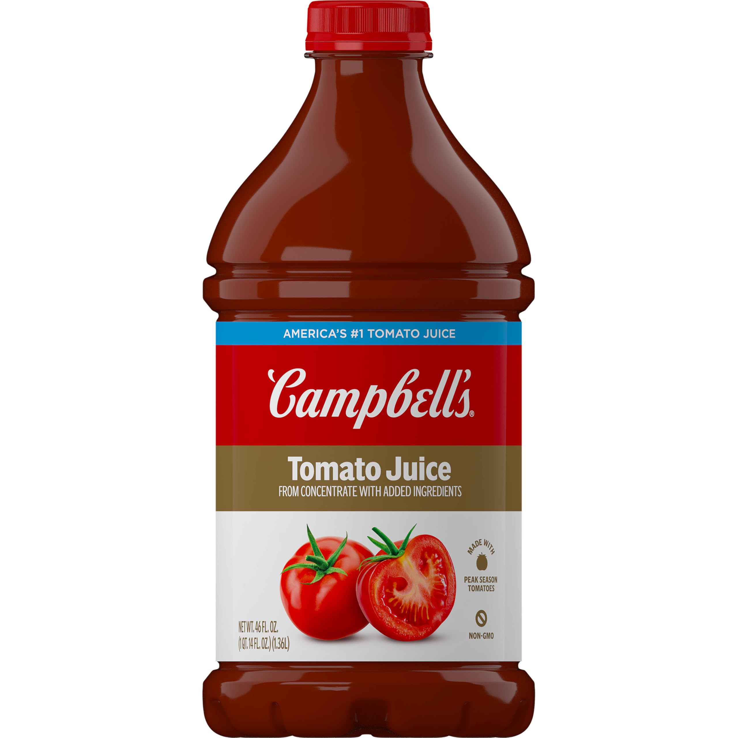 Campbell's 100% Tomato Juice bottle front view, rich flavor for any breakfast or mocktail.