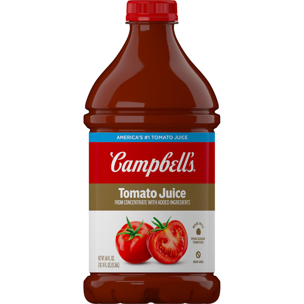 Campbell's 100% Tomato Juice bottle front view, rich flavor for any breakfast or mocktail.