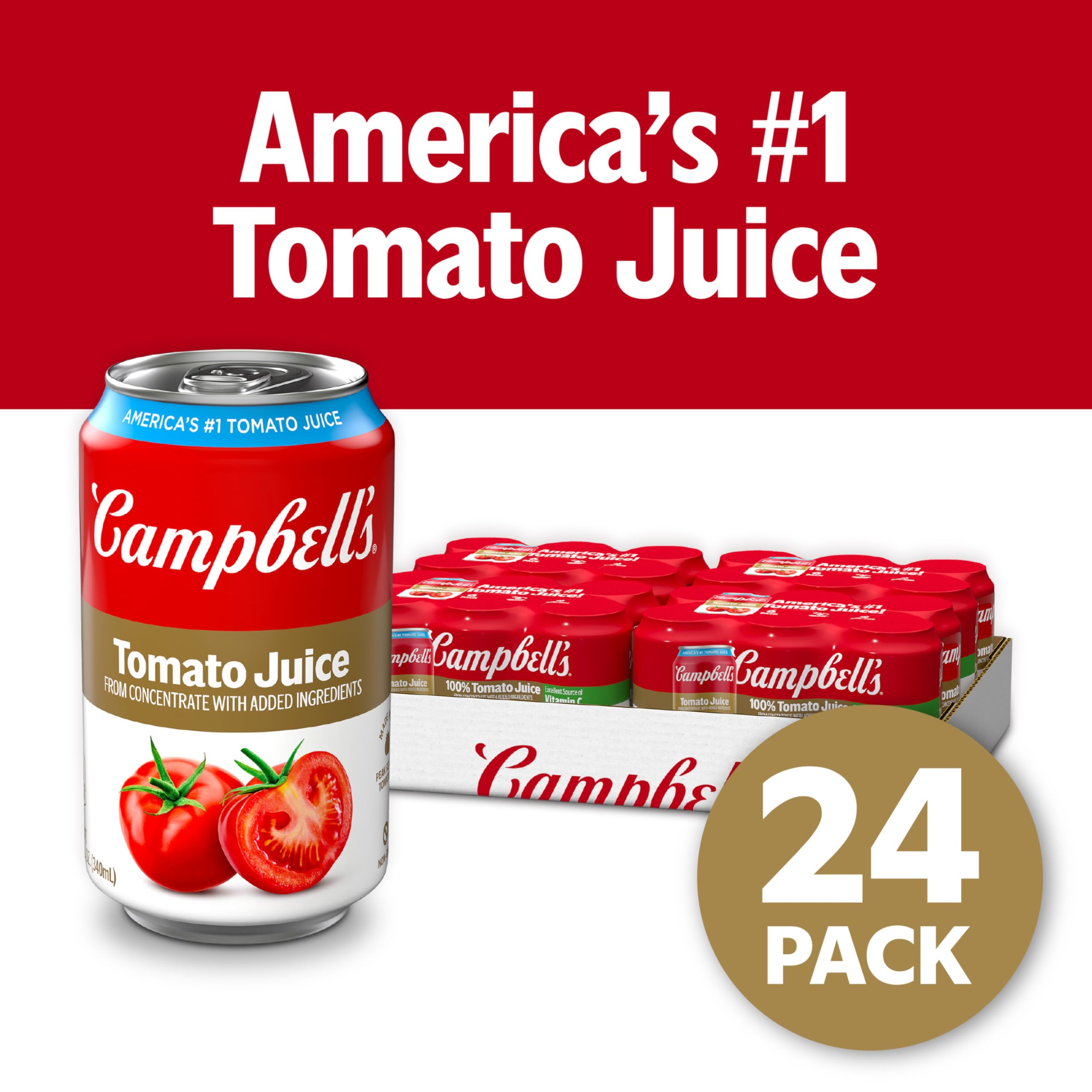 Campbell's tomato juice can closeup highlights gluten-free and non-GMO attributes.