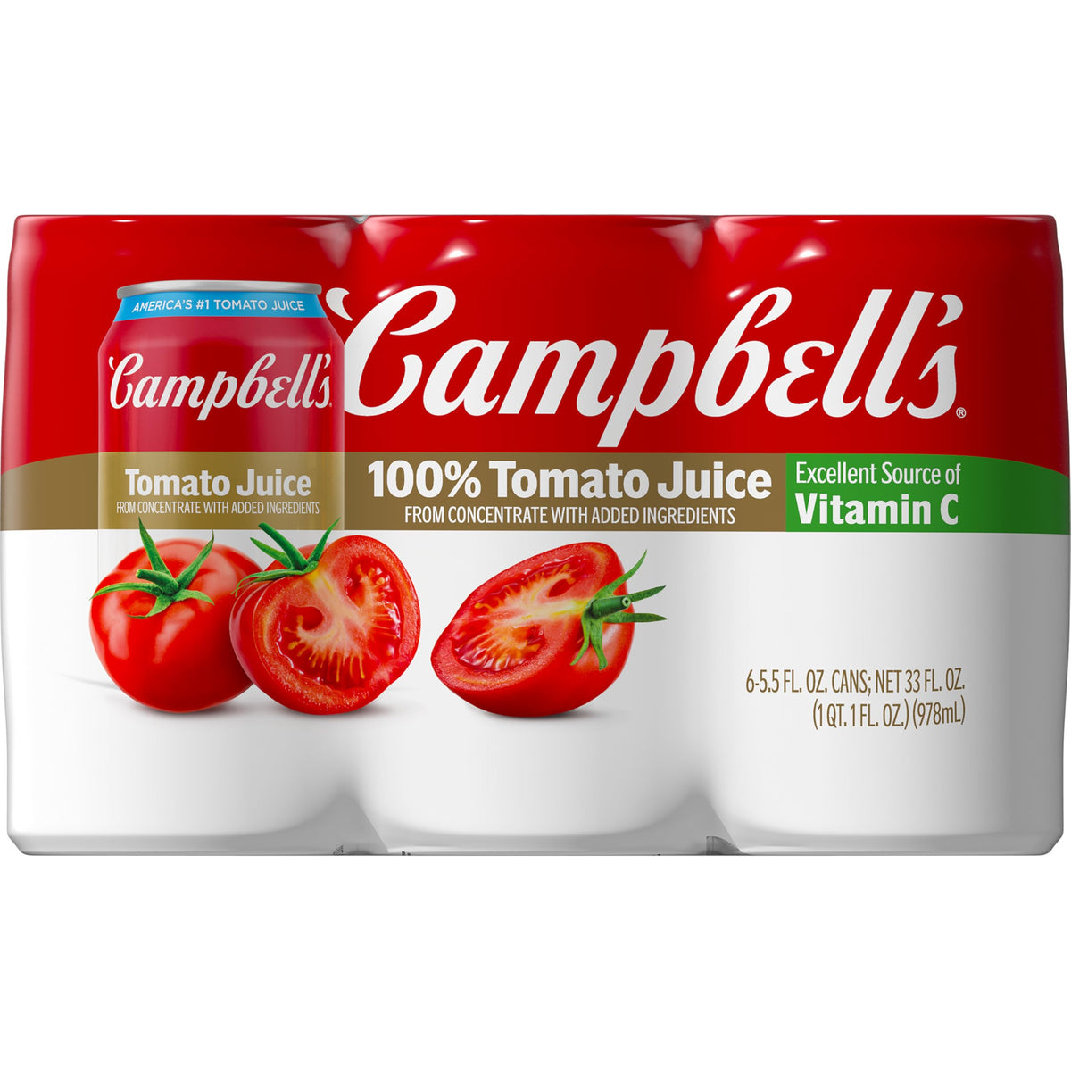 Campbell's 100% Tomato Juice can front view, ideal for on-the-go nutrition.