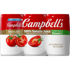 Campbell's 100% Tomato Juice can front view, ideal for on-the-go nutrition.