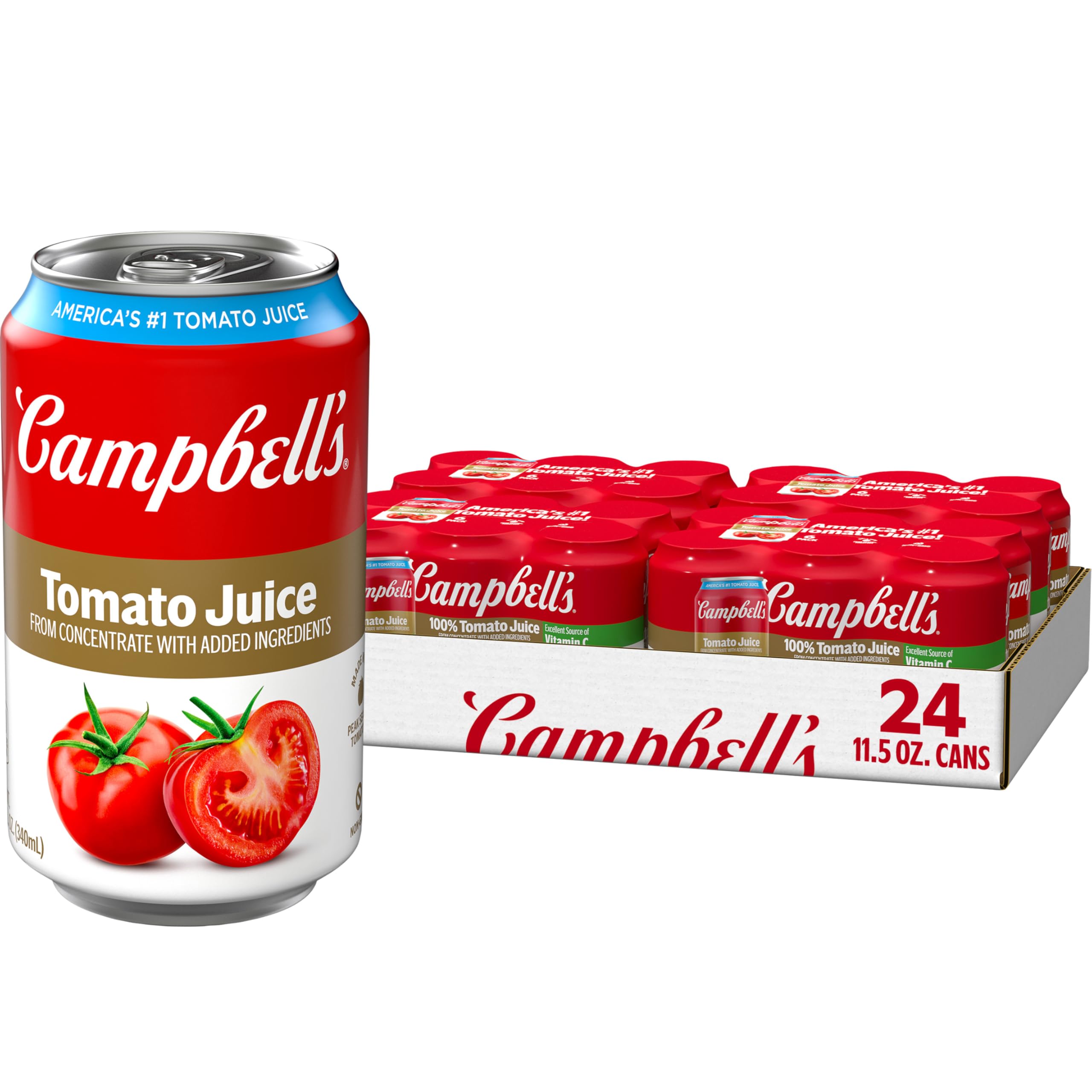 Campbell's tomato juice can pour showing bold flavor ideal for drinks.