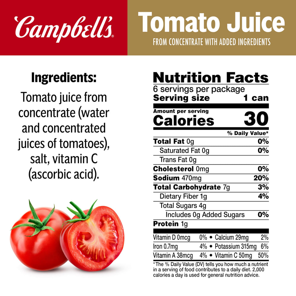 Campbell's tomato juice can side profile, convenient single-serve packaging.