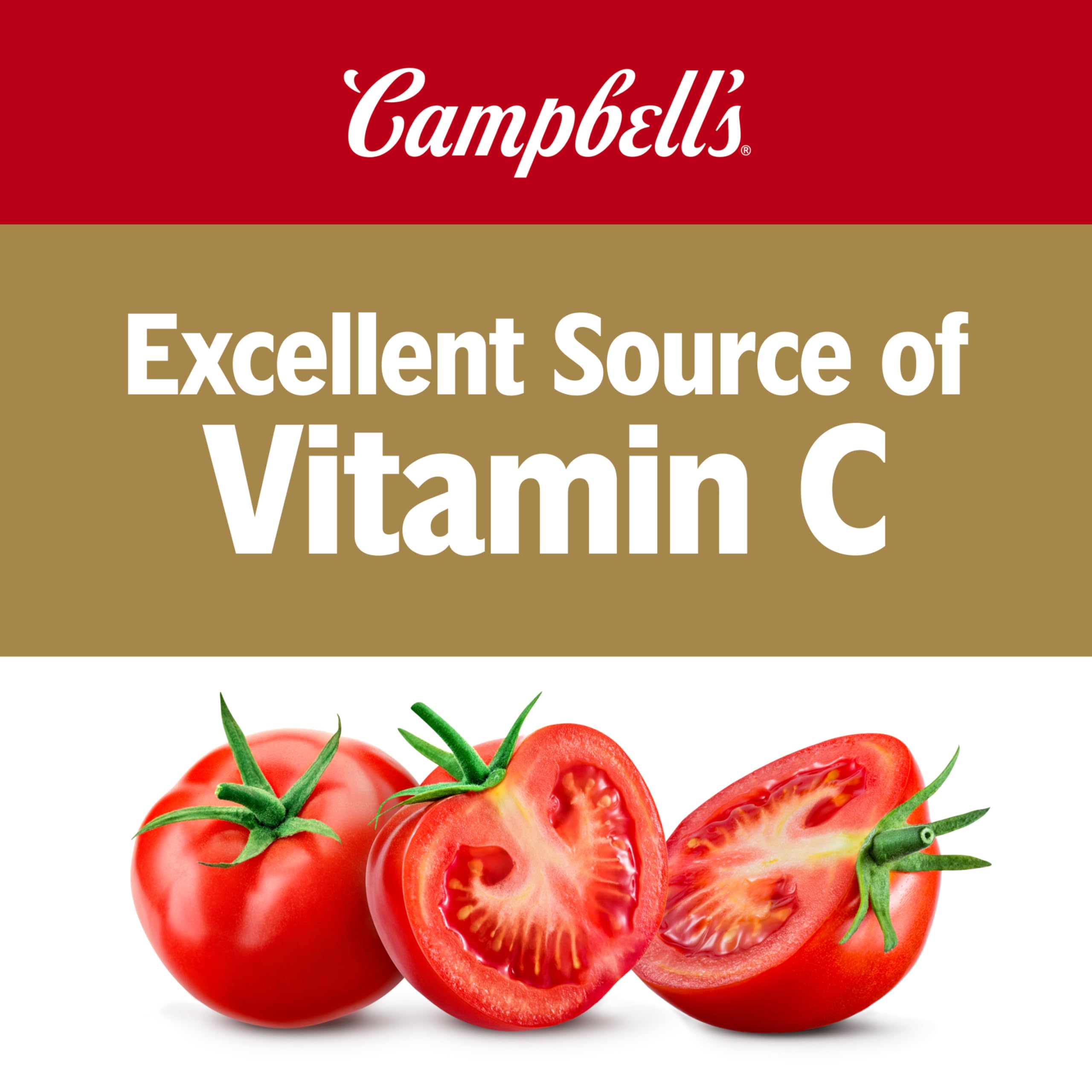 Campbell's tomato juice label closeup communicates gluten-free and non-GMO attributes.