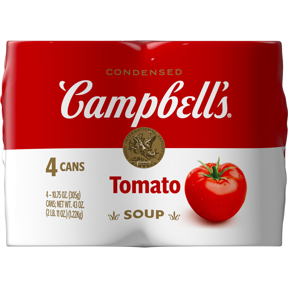 Campbell's Tomato Soup can top view highlighting six farm-grown tomatoes for rich flavor.