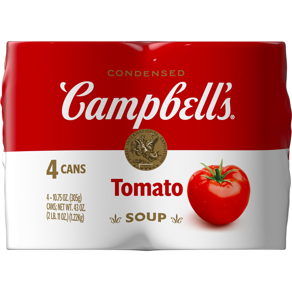 Campbell's Tomato Soup can top view highlighting six farm-grown tomatoes for rich flavor.
