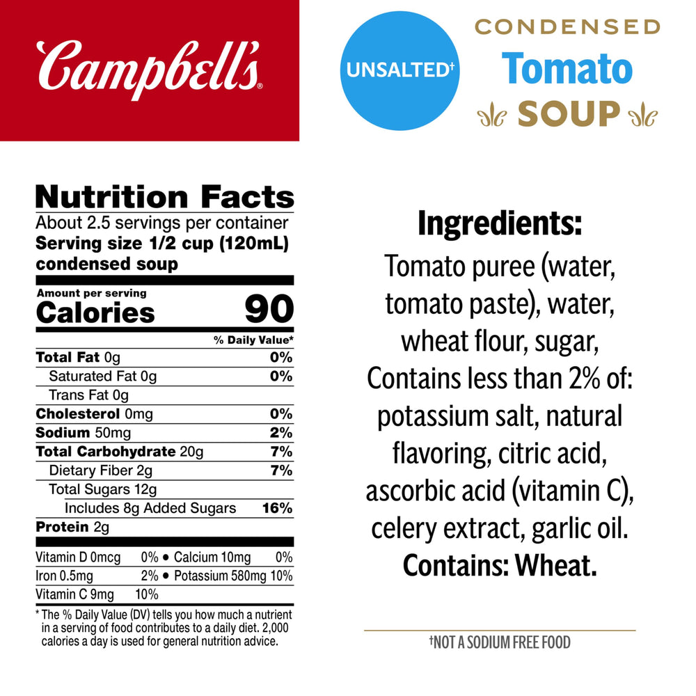 Tomato soup ingredients show six farm-grown tomatoes in Campbell's recipe.