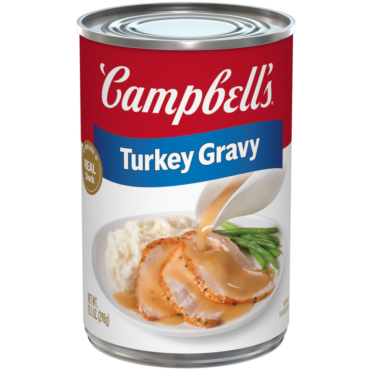 Campbell's Turkey Gravy can ready to pour over turkey and potatoes.