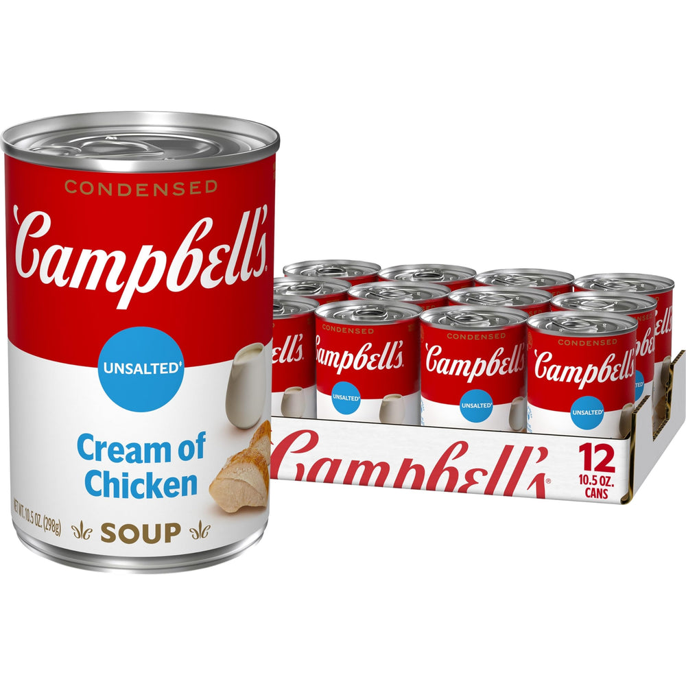Campbell's Unsalted Cream of Chicken Soup can front view, rich base for sauces.