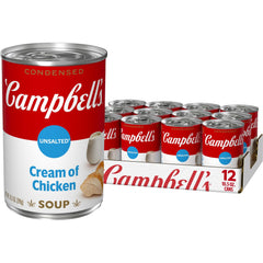 Campbell's Unsalted Cream of Chicken Soup can front view, rich base for sauces.