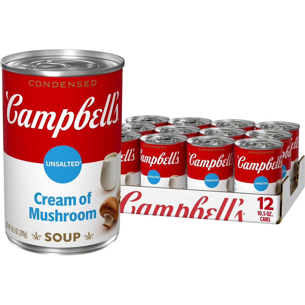 Campbell's Unsalted Cream of Mushroom Soup can, convenient pantry staple for easy meals.