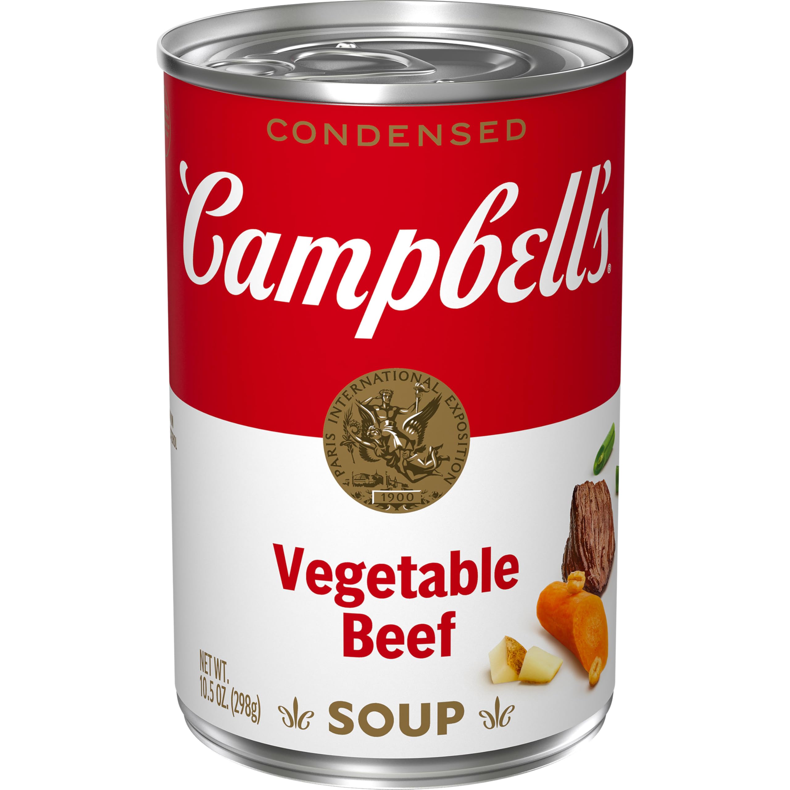 Campbell's Vegetable Beef Soup can label highlighting hearty ingredients for a comforting meal