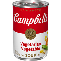 Front view of Campbell's Vegetarian Vegetable Soup can, a cozy pantry staple.