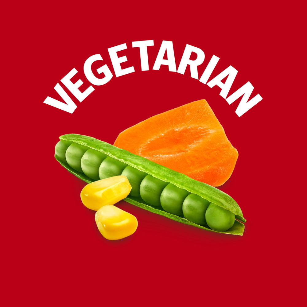 Ingredients close-up in Campbell's Vegetarian Vegetable Soup with carrots and beans.