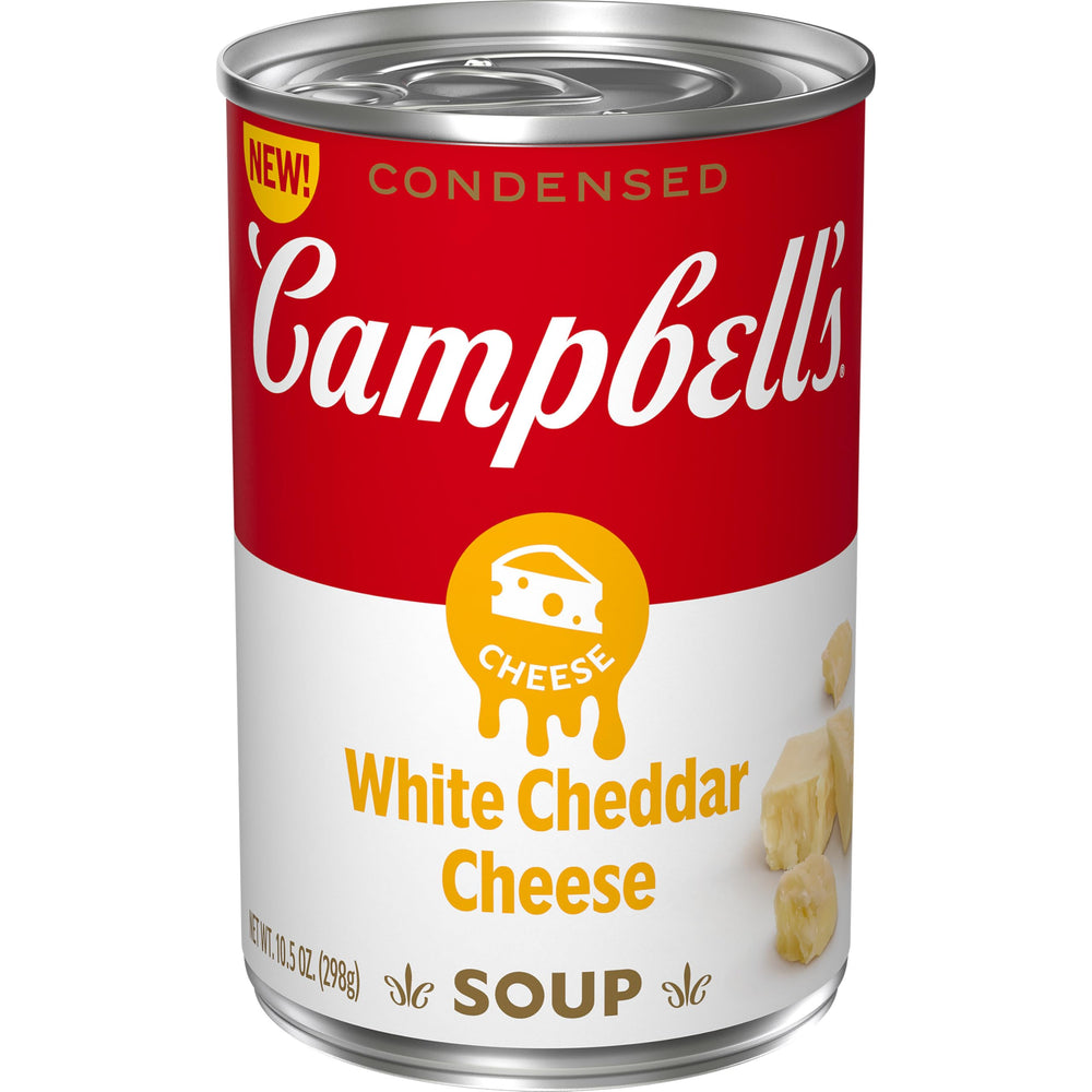 Campbell's White Cheddar Cheese Soup can front, a versatile pantry staple.